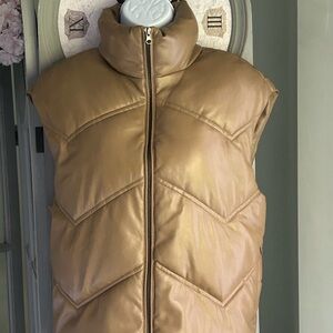 Women’s ZARA Puffer Vest Caramel Brown Faux Leather Size S
